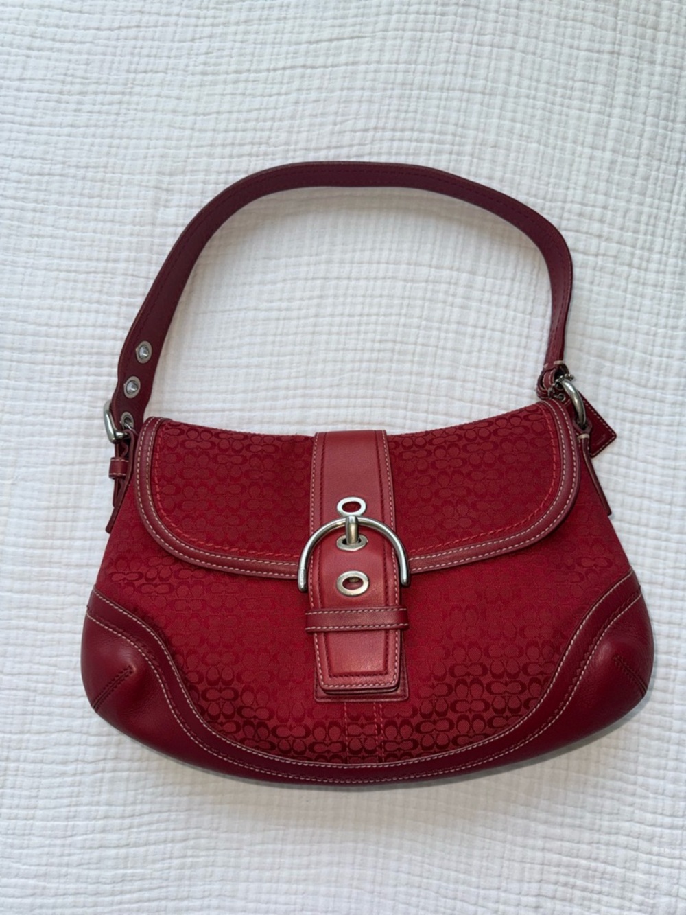 Coach Soho Signature Buckle Flap Shoulder Bag Red Jacquard Leather Trim Y2K